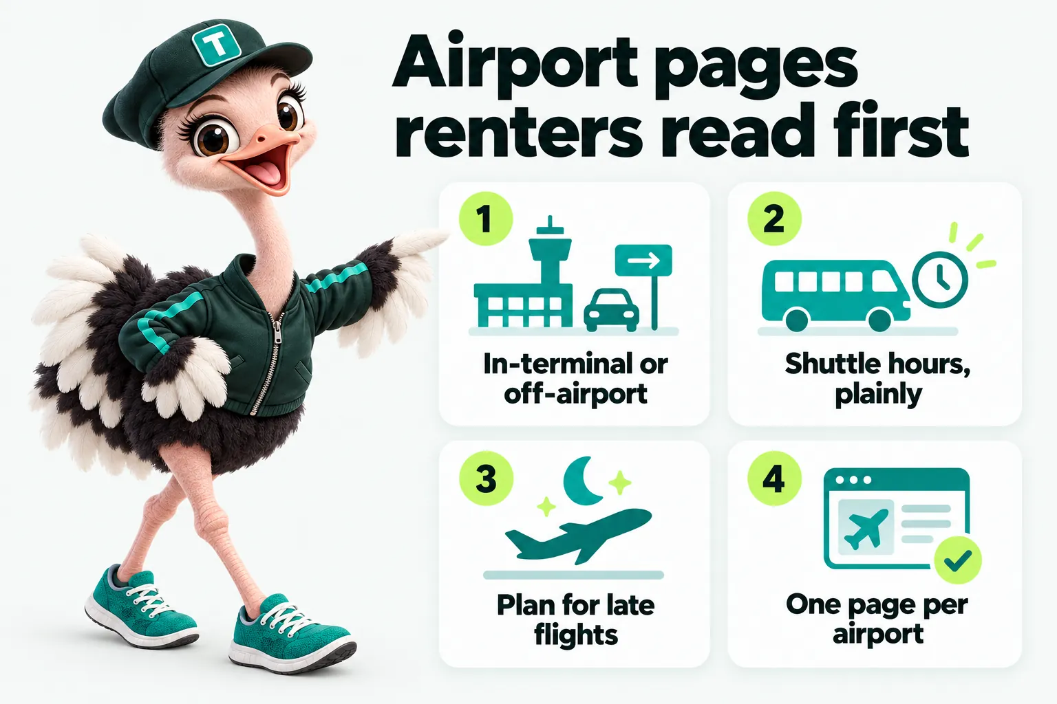 Infographic with Trip the ostrich mascot: Airport pages renters read first. In-terminal or off-airport. Shuttle hours, plainly. Plan for late flights. One page per airport.