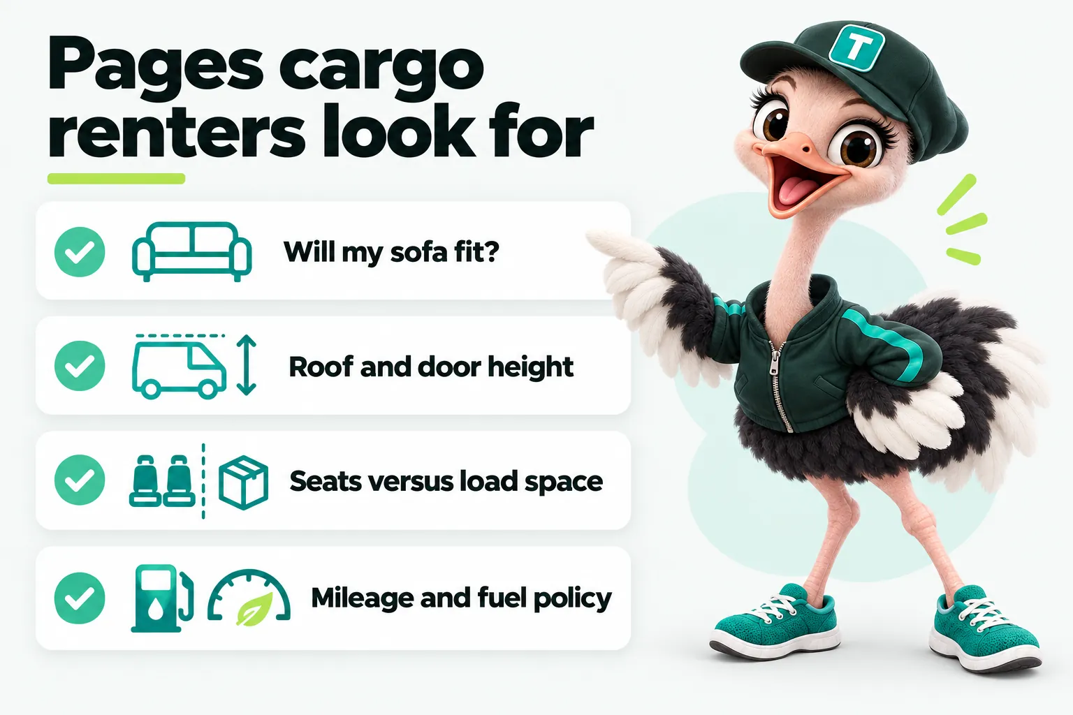 Infographic with Trip the ostrich mascot: Pages cargo renters look for. Will my sofa fit? Roof and door height. Seats versus load space. Mileage and fuel policy.
