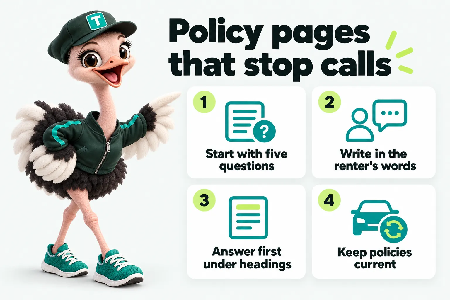 Infographic with Trip the ostrich mascot: Policy pages that stop calls. Start with five questions. Write in the renter's words. Answer first under headings. Keep policies current.