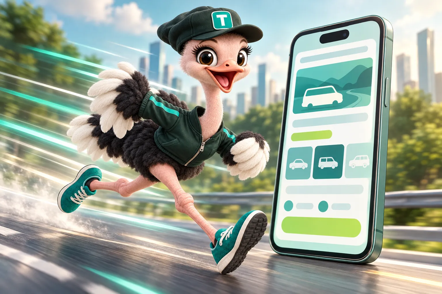 Trip the ostrich mascot racing past a giant phone that shows a fast loading rental fleet page