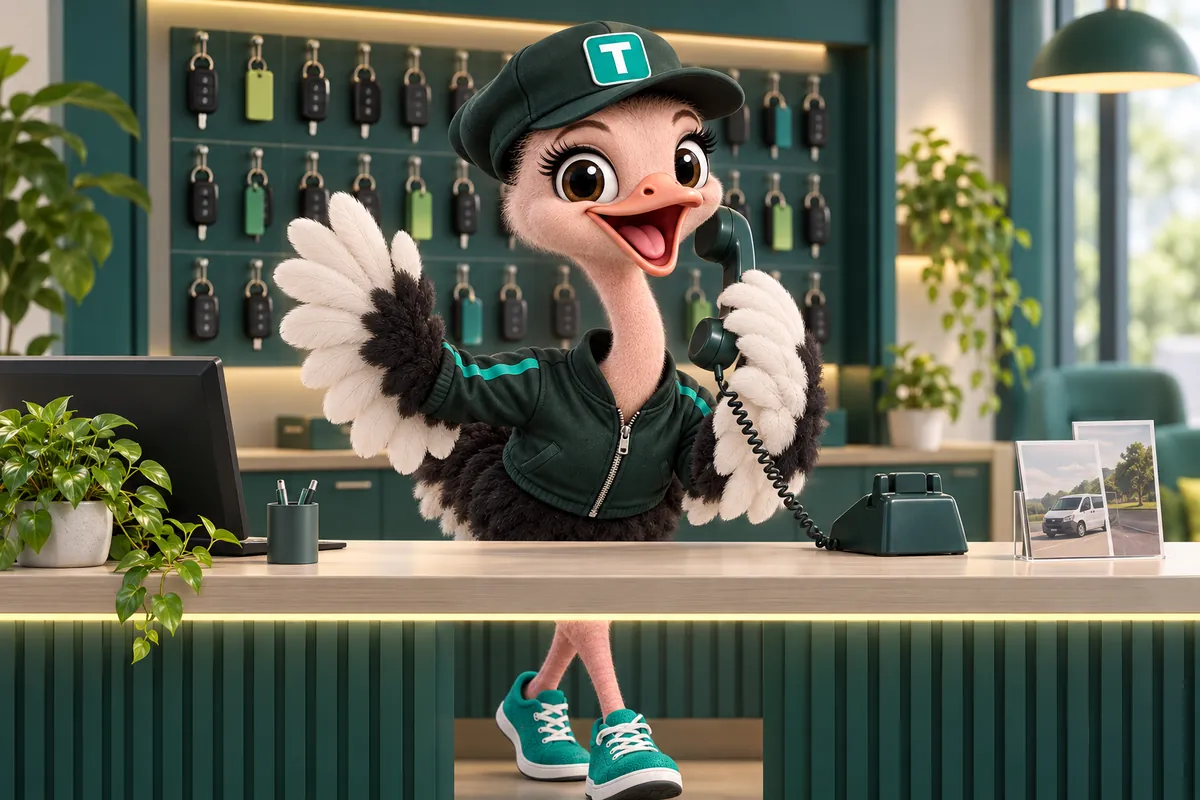 Trip the ostrich mascot waving from behind a rental counter, phone in hand, with a wall of car keys behind him