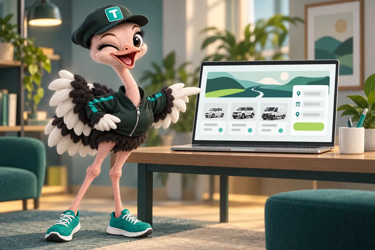 Trip the ostrich mascot winking and pointing at a laptop showing a rental website with vehicle cards and a booking box