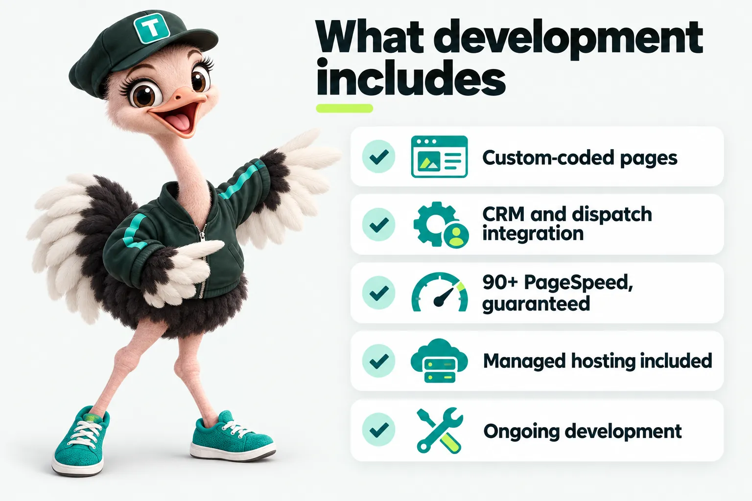 Infographic with Trip the ostrich mascot: What development includes. Custom-coded pages. CRM and dispatch integration. 90+ PageSpeed, guaranteed. Managed hosting included. Ongoing development.