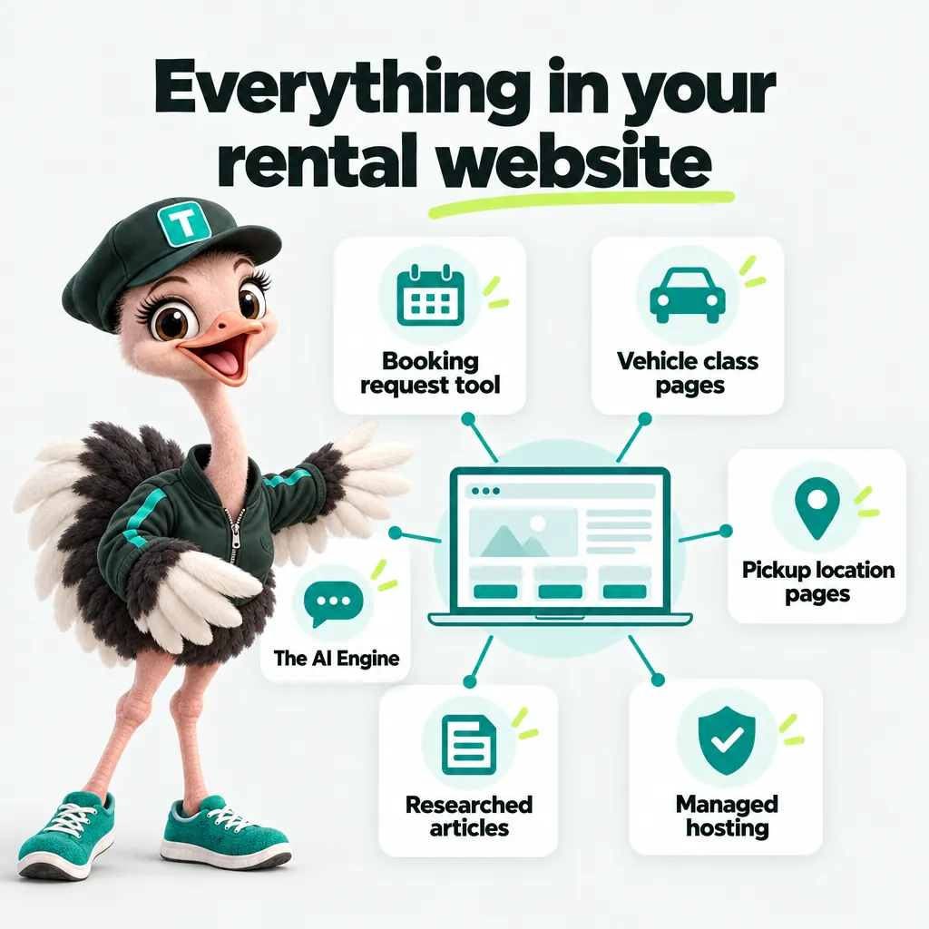 Infographic with Trip the ostrich mascot: Everything in your rental website. Booking request tool. Vehicle class pages. Pickup location pages. Managed hosting. Researched articles. The AI Engine.