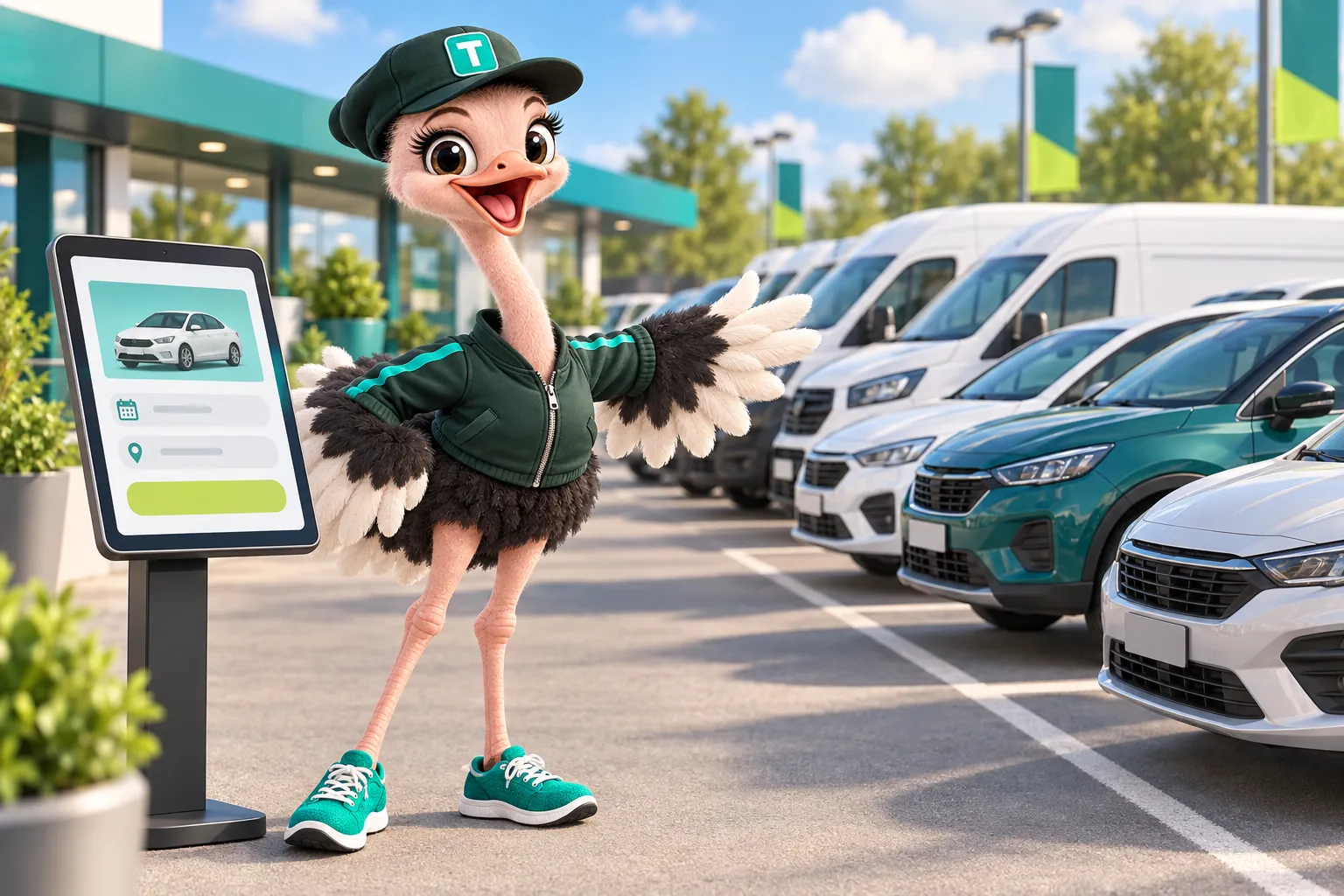 Trip, the GetRentalWebsite ostrich mascot, presenting a row of rental cars and vans beside a booking screen on a sunny lot