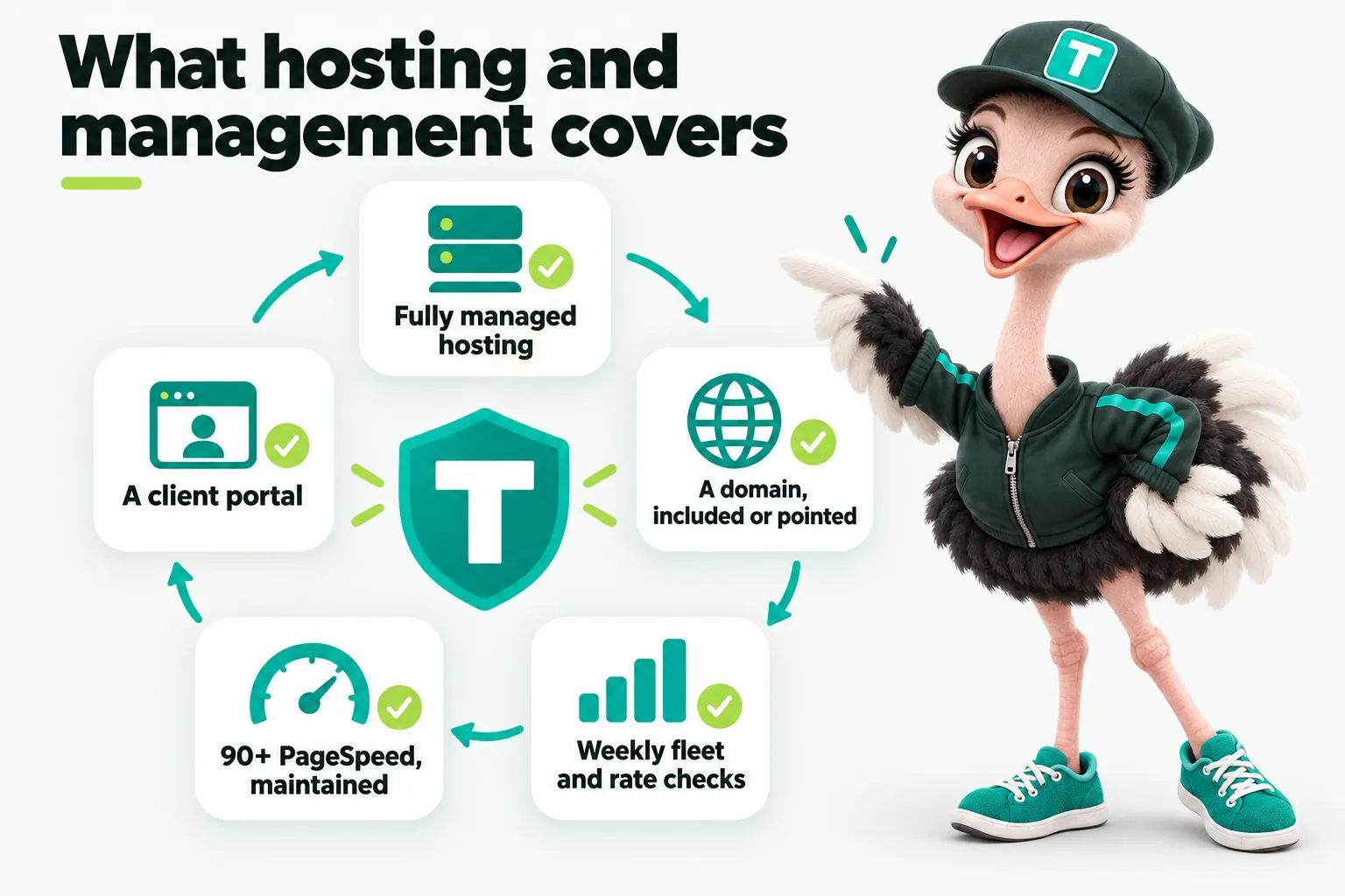 Infographic with Trip the ostrich mascot: What hosting and management covers. Fully managed hosting. A domain, included or pointed. Weekly fleet and rate checks. 90+ PageSpeed, maintained. A client portal.