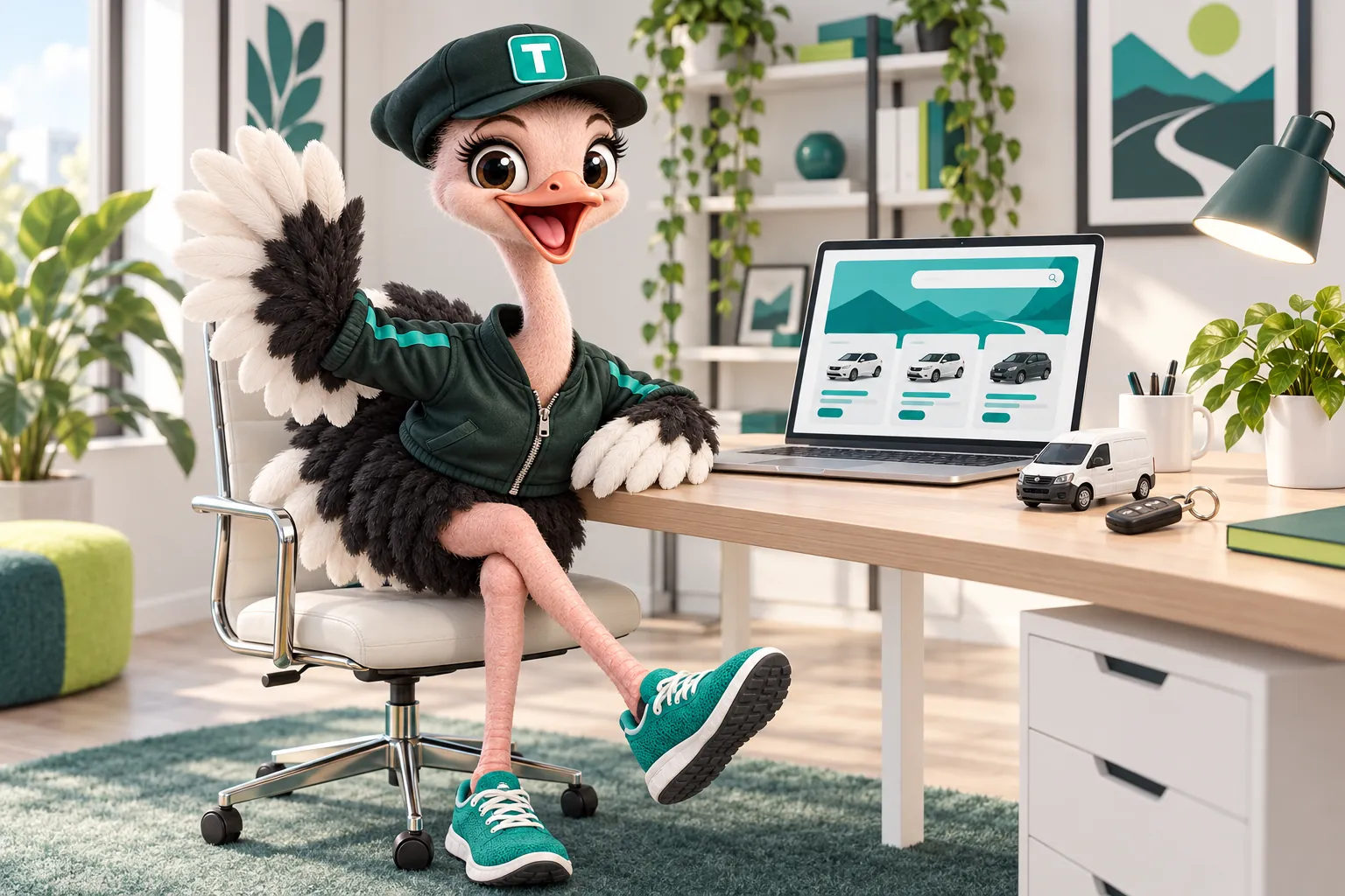 Meet Trip, the GetRentalWebsite ostrich mascot, sitting at a studio desk and waving hello, a laptop showing a rental website, a toy van and a car key beside him