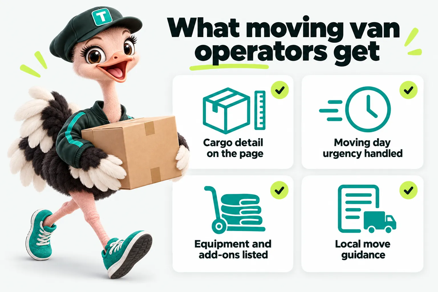 Infographic with Trip the ostrich mascot: What moving van operators get. Cargo detail on the page. Moving day urgency handled. Equipment and add-ons listed. Local move guidance.