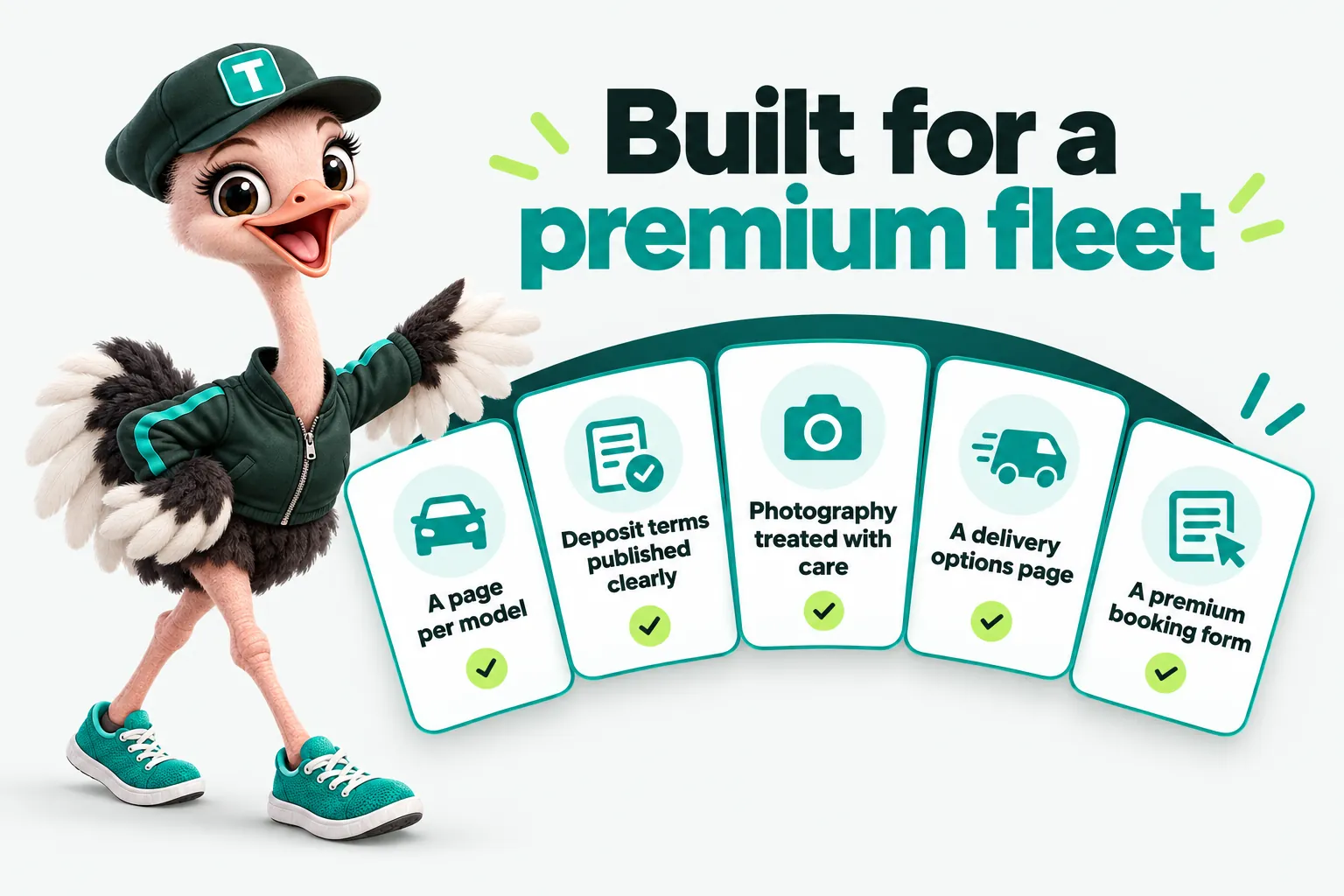 Infographic with Trip the ostrich mascot: Built for a premium fleet. A page per model. Deposit terms published clearly. Photography treated with care. A delivery options page. A premium booking form.