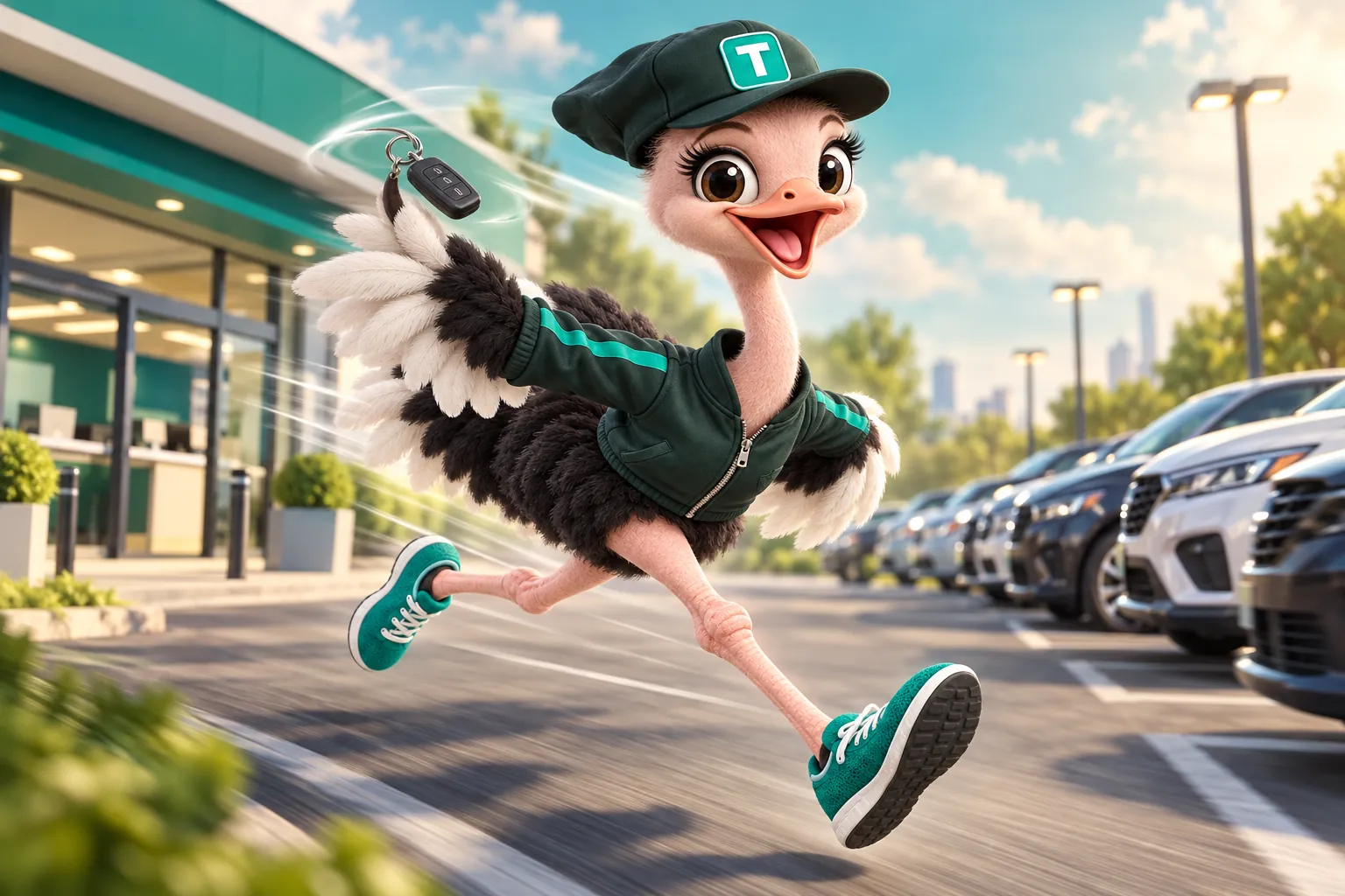 Trip the ostrich mascot sprinting from the rental counter to the lot with a car key spinning on one wing