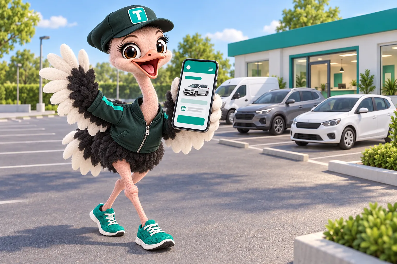 Trip, the GetRentalWebsite ostrich mascot, waving hello at the front of a sunny rental lot and holding up a phone that shows a rental website with a booking box