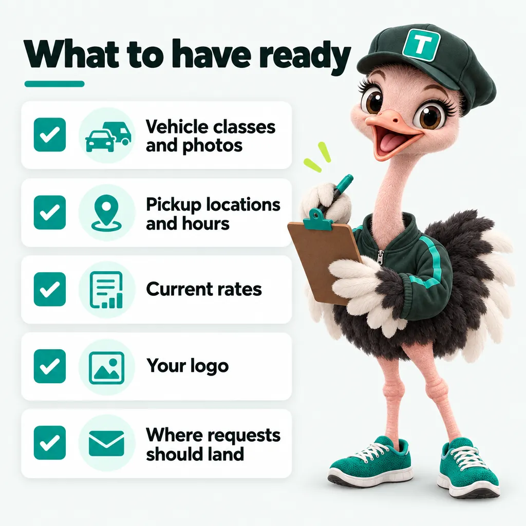 Infographic with Trip the ostrich mascot: What to have ready. Vehicle classes and photos. Pickup locations and hours. Current rates. Your logo. Where requests should land.